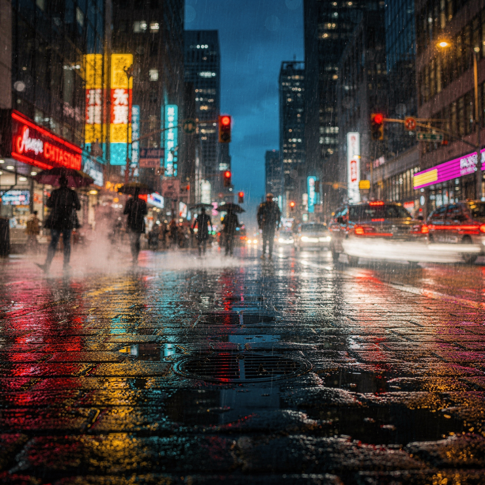 FLUX 2 Max sample image: Rainy city street during blue hour, neon signs and traffic lights reflecting in wet asphalt, cinematic urban photography