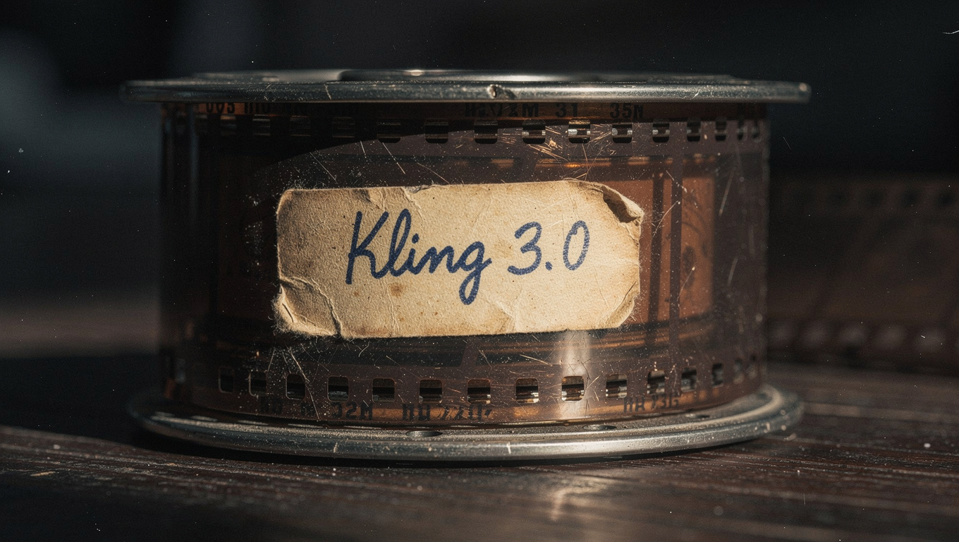 Auf einer alten Filmrolle steht eingeschrieben "Kling 3.0", fotorealtisch, film grain — Beispiel für FLUX Text-Rendering