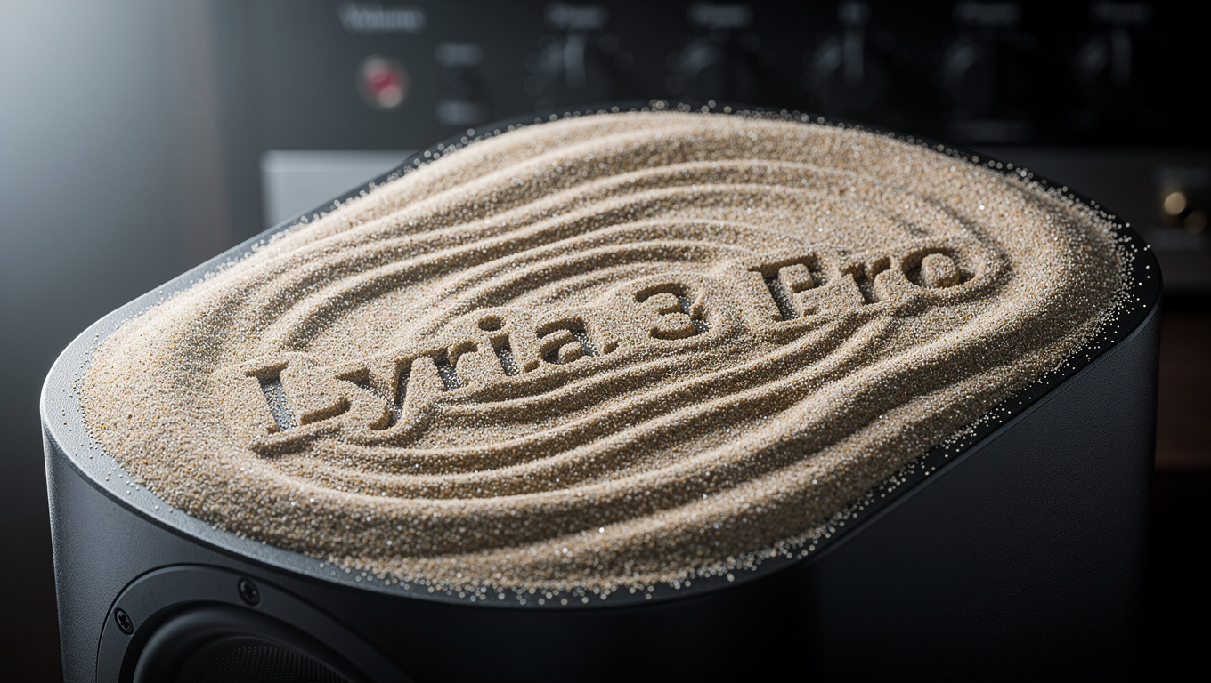 Schriftzug "Lyria 3 Pro" als Sand-Aufschrift auf einer Sound-Anlage, durch den Schall zu coolen Texturen geformt, ultra-realistisch