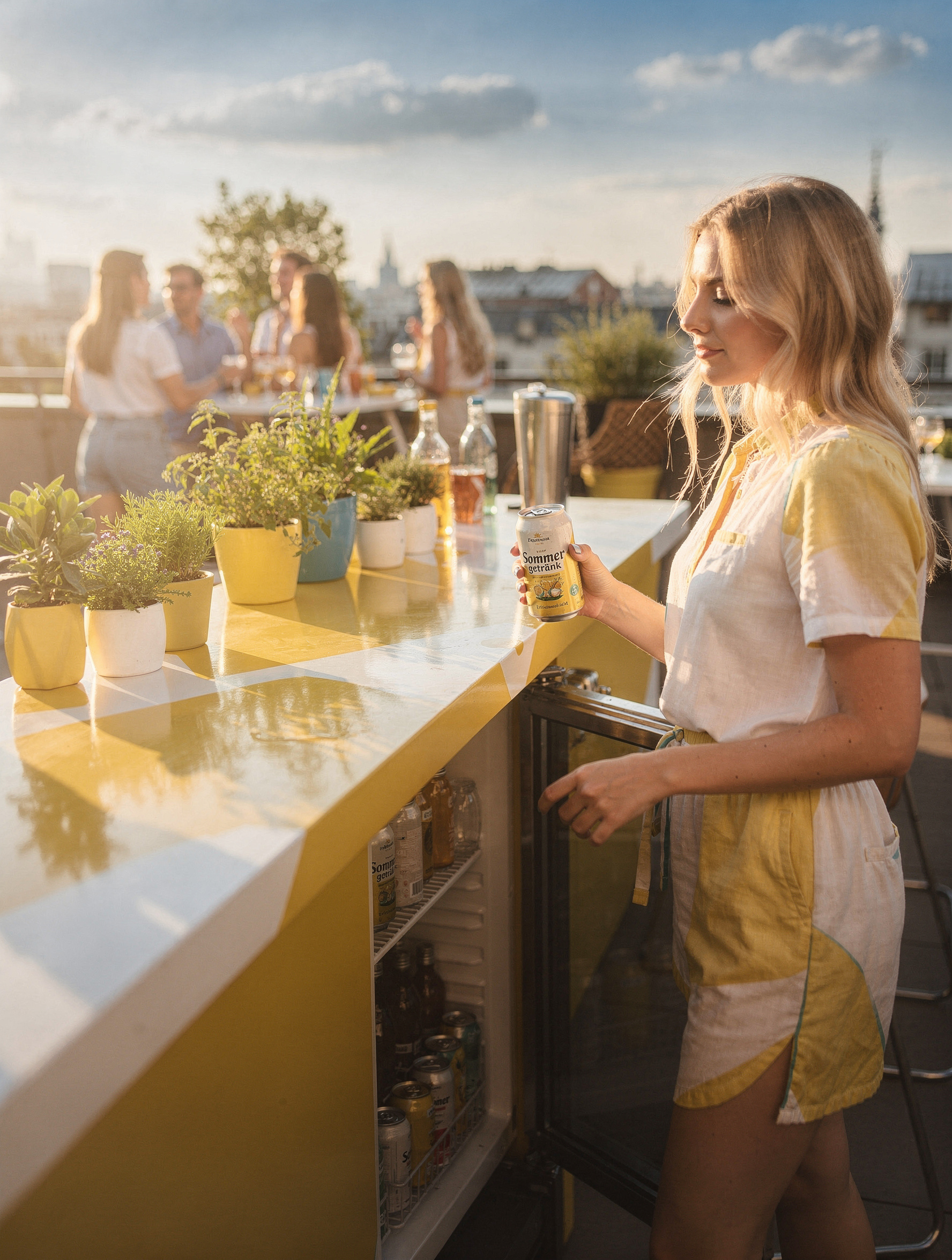 Rooftop-Bar im Sommer an einem schönen Tag mit Party, Colors Gelb/Weiss/Grün — Brand-Lifestyle-Editorial